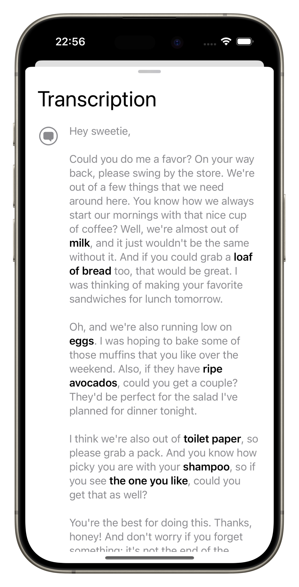 Transcription screen of the HoneyDo app.